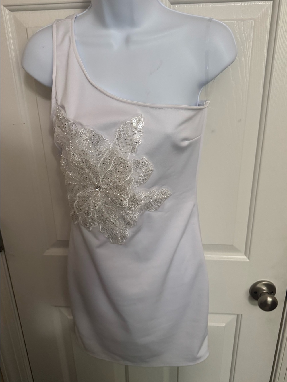 White One-Shoulder Dress with Sequin Floral Appliqué